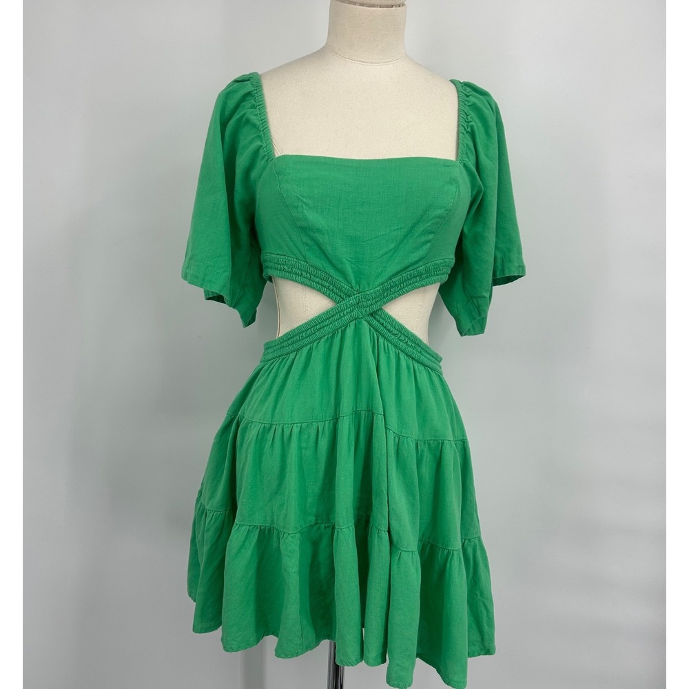 Free People Ari Mini Dress Green Cotton Linen Cutout Tiered Smocked Small